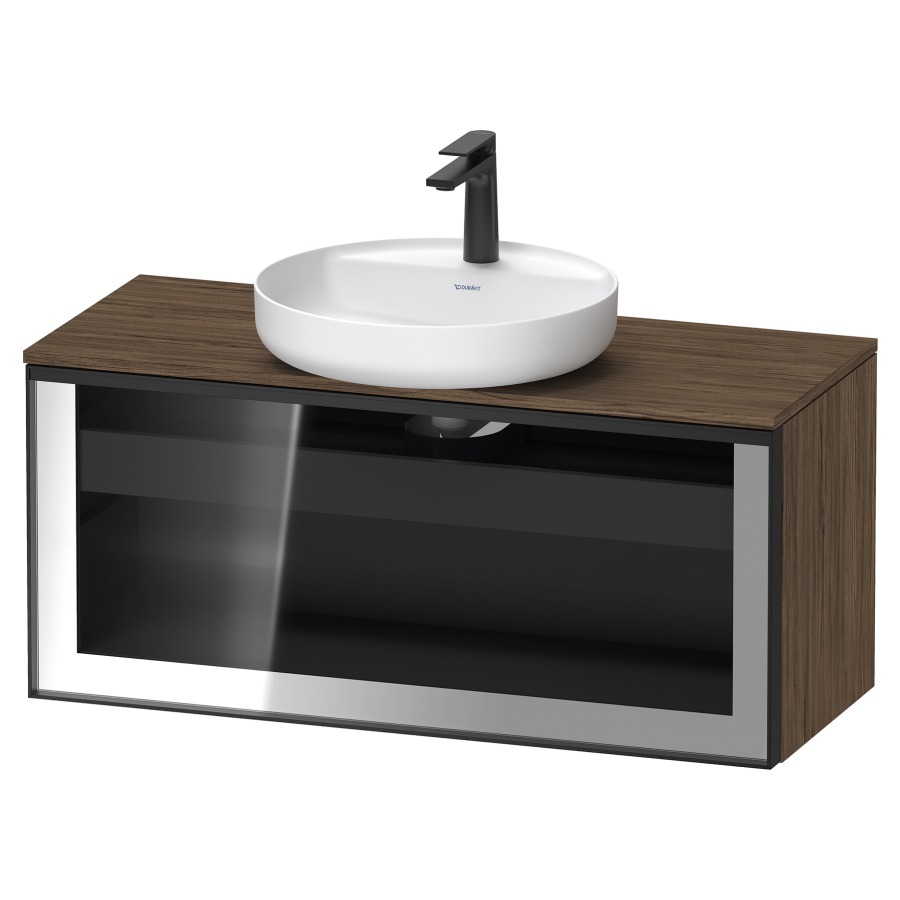 Élément inférieur  VITRIUM
100 x 45.9 x 42 cm
élément de tiroir, 1&nbsp;tiroir
1&nbsp;tiroir intérieur, avec plaque de console
pour 1 lavabo à poser, perçage de robinet 
possible, sans siphon gain de place
front verre parsol gris, avec éclairage intérieur
l'éclairage intérieur ne peut être commandé 
que par le miroir/l'armoire de toilette
dans la version "commande par
capteur de l'éclairage intérieur"