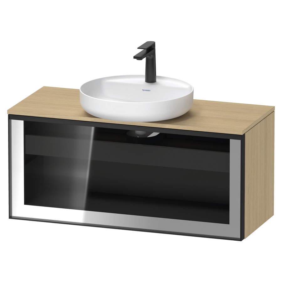 Élément inférieur  VITRIUM
100 x 45.9 x 42 cm
élément de tiroir, 1&nbsp;tiroir
1&nbsp;tiroir intérieur, avec plaque de console
pour 1 lavabo à poser, perçage de robinet 
possible, sans siphon gain de place
front verre parsol gris, avec éclairage intérieur
l'éclairage intérieur ne peut être commandé 
que par le miroir/l'armoire de toilette
dans la version "commande par
capteur de l'éclairage intérieur"
