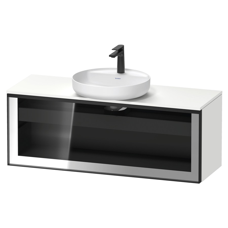 Élément inférieur  VITRIUM
120 x 45.9 x 42 cm
élément de tiroir, 1&nbsp;tiroir
1&nbsp;tiroir intérieur, avec plaque de console
pour 1 lavabo à poser, perçage de robinet 
possible, sans siphon gain de place
front verre parsol gris, avec éclairage intérieur
l'éclairage intérieur ne peut être commandé 
que par le miroir/l'armoire de toilette
dans la version "commande par
capteur de l'éclairage intérieur"