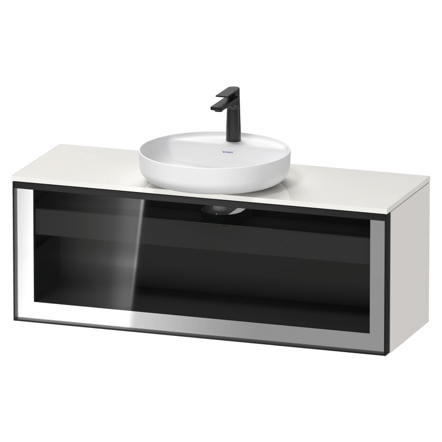 Élément inférieur  VITRIUM
120 x 45.9 x 42 cm
élément de tiroir, 1&nbsp;tiroir
1&nbsp;tiroir intérieur, avec plaque de console
pour 1 lavabo à poser, perçage de robinet 
possible, sans siphon gain de place
front verre parsol gris, avec éclairage intérieur
l'éclairage intérieur ne peut être commandé 
que par le miroir/l'armoire de toilette
dans la version "commande par
capteur de l'éclairage intérieur"