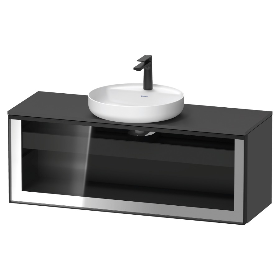 Élément inférieur  VITRIUM
120 x 45.9 x 42 cm
élément de tiroir, 1&nbsp;tiroir
1&nbsp;tiroir intérieur, avec plaque de console
pour 1 lavabo à poser, perçage de robinet 
possible, sans siphon gain de place
front verre parsol gris, avec éclairage intérieur
l'éclairage intérieur ne peut être commandé 
que par le miroir/l'armoire de toilette
dans la version "commande par
capteur de l'éclairage intérieur"