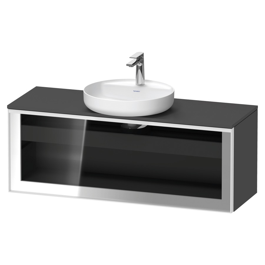 Élément inférieur  VITRIUM
120 x 45.9 x 42 cm
élément de tiroir, 1&nbsp;tiroir
1&nbsp;tiroir intérieur, avec plaque de console
pour 1 lavabo à poser, perçage de robinet 
possible, sans siphon gain de place
front verre parsol gris, avec éclairage intérieur
l'éclairage intérieur ne peut être commandé 
que par le miroir/l'armoire de toilette
dans la version "commande par
capteur de l'éclairage intérieur"