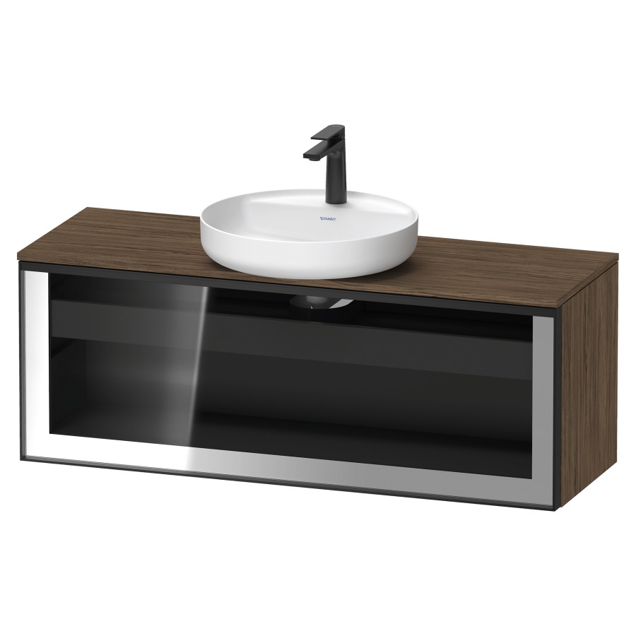Élément inférieur  VITRIUM
120 x 45.9 x 42 cm
élément de tiroir, 1&nbsp;tiroir
1&nbsp;tiroir intérieur, avec plaque de console
pour 1 lavabo à poser, perçage de robinet 
possible, sans siphon gain de place
front verre parsol gris, avec éclairage intérieur
l'éclairage intérieur ne peut être commandé 
que par le miroir/l'armoire de toilette
dans la version "commande par
capteur de l'éclairage intérieur"