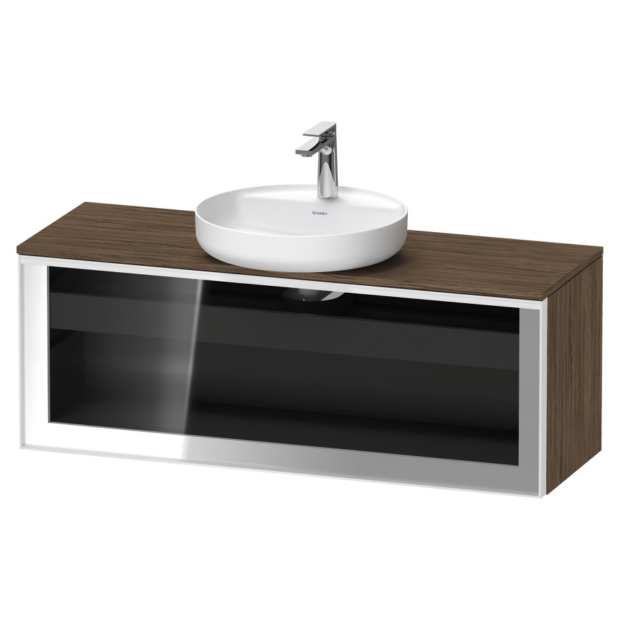 Élément inférieur  VITRIUM
120 x 45.9 x 42 cm
élément de tiroir, 1&nbsp;tiroir
1&nbsp;tiroir intérieur, avec plaque de console
pour 1 lavabo à poser, perçage de robinet 
possible, sans siphon gain de place
front verre parsol gris, avec éclairage intérieur
l'éclairage intérieur ne peut être commandé 
que par le miroir/l'armoire de toilette
dans la version "commande par
capteur de l'éclairage intérieur"