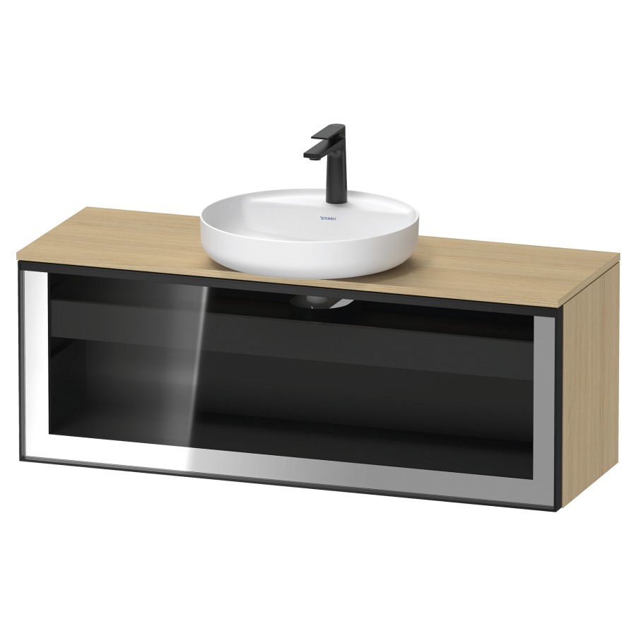 Élément inférieur  VITRIUM
120 x 45.9 x 42 cm
élément de tiroir, 1&nbsp;tiroir
1&nbsp;tiroir intérieur, avec plaque de console
pour 1 lavabo à poser, perçage de robinet 
possible, sans siphon gain de place
front verre parsol gris, avec éclairage intérieur
l'éclairage intérieur ne peut être commandé 
que par le miroir/l'armoire de toilette
dans la version "commande par
capteur de l'éclairage intérieur"