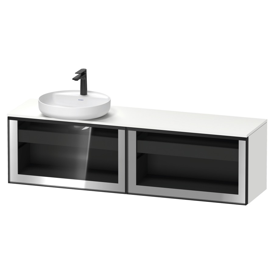 Élément inférieur  VITRIUM
160 x 45.9 x 42 cm
élément de tiroir, 1&nbsp;tiroir
1&nbsp;tiroir intérieur, avec plaque de console
pour 1 lavabo à poser à gauche, perçage 
de robinet possible, sans siphon gain de place
front verre parsol gris