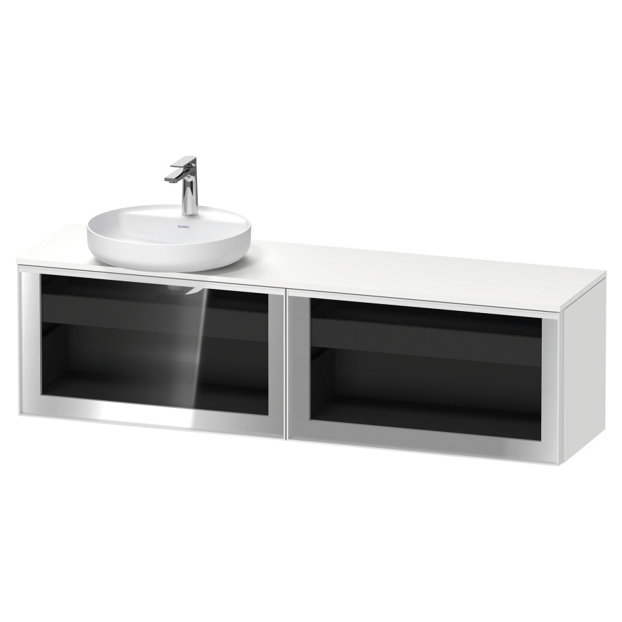 Élément inférieur  VITRIUM
160 x 45.9 x 42 cm
élément de tiroir, 1&nbsp;tiroir
1&nbsp;tiroir intérieur, avec plaque de console
pour 1 lavabo à poser à gauche, perçage 
de robinet possible, sans siphon gain de place
front verre parsol gris