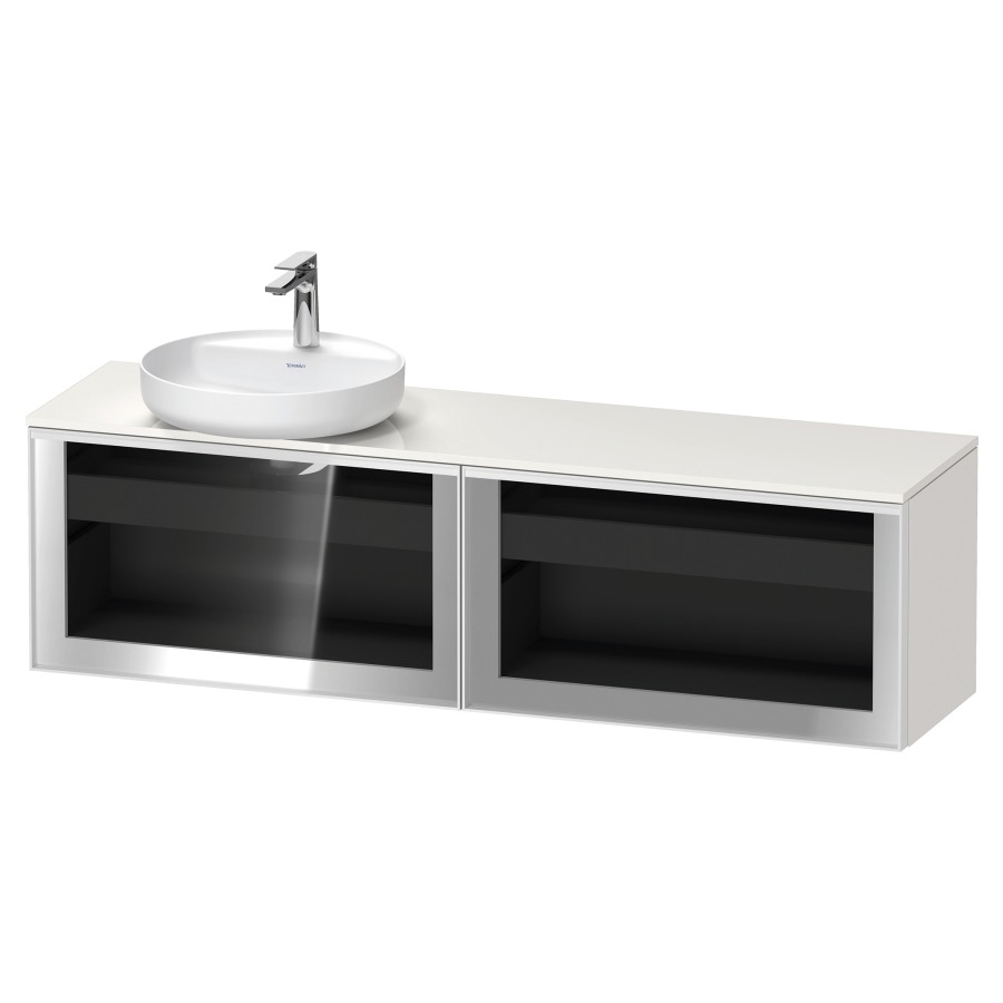 Élément inférieur  VITRIUM
160 x 45.9 x 42 cm
élément de tiroir, 1&nbsp;tiroir
1&nbsp;tiroir intérieur, avec plaque de console
pour 1 lavabo à poser à gauche, perçage 
de robinet possible, sans siphon gain de place
front verre parsol gris