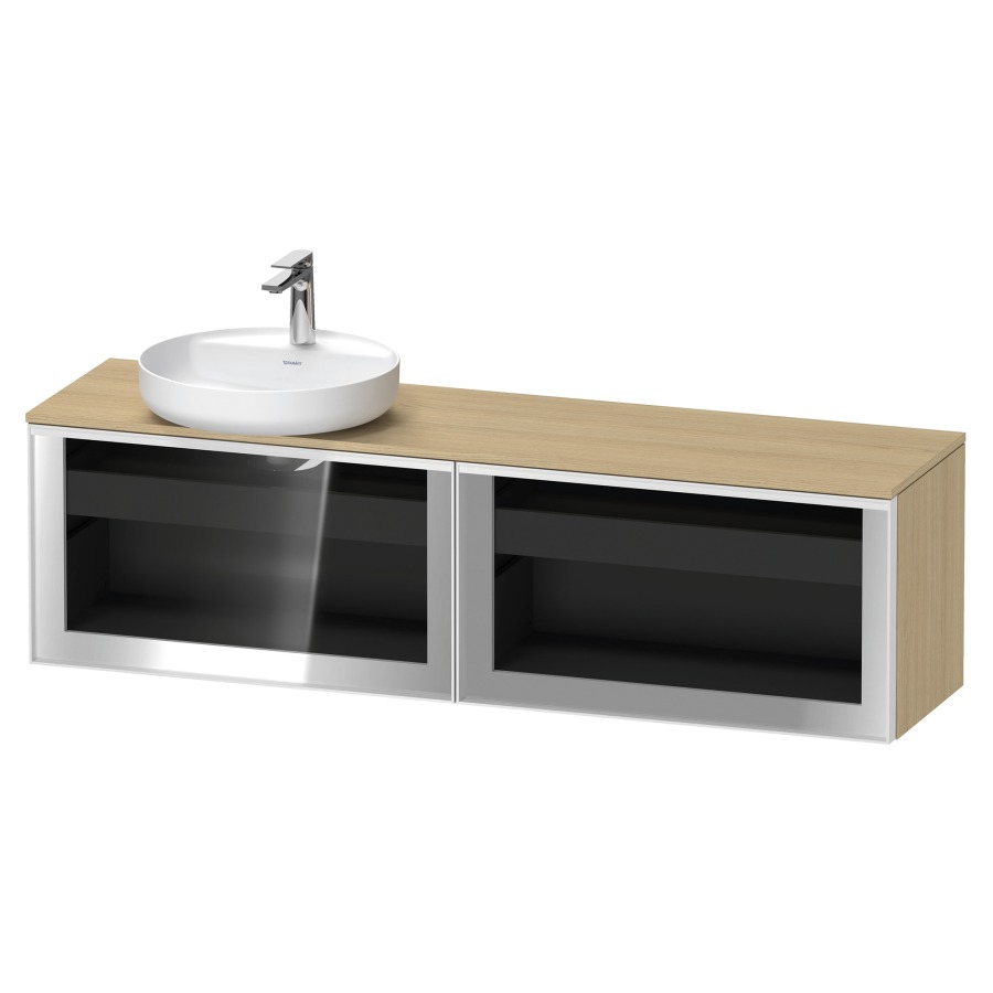 Élément inférieur  VITRIUM
160 x 45.9 x 42 cm
élément de tiroir, 1&nbsp;tiroir
1&nbsp;tiroir intérieur, avec plaque de console
pour 1 lavabo à poser à gauche, perçage 
de robinet possible, sans siphon gain de place
front verre parsol gris