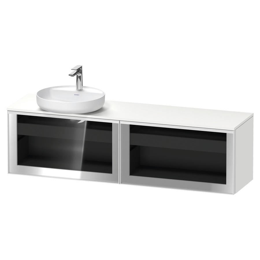 Élément inférieur  VITRIUM
160 x 45.9 x 42 cm
élément de tiroir, 1&nbsp;tiroir
1&nbsp;tiroir intérieur, avec plaque de console
pour 1 lavabo à poser à gauche
perçage de robinet possible
sans siphon gain de place
front verre parsol gris, avec éclairage intérieur
l'éclairage intérieur ne peut être commandé 
que par le miroir/l'armoire de toilette
dans la version "commande par
capteur de l'éclairage intérieur"