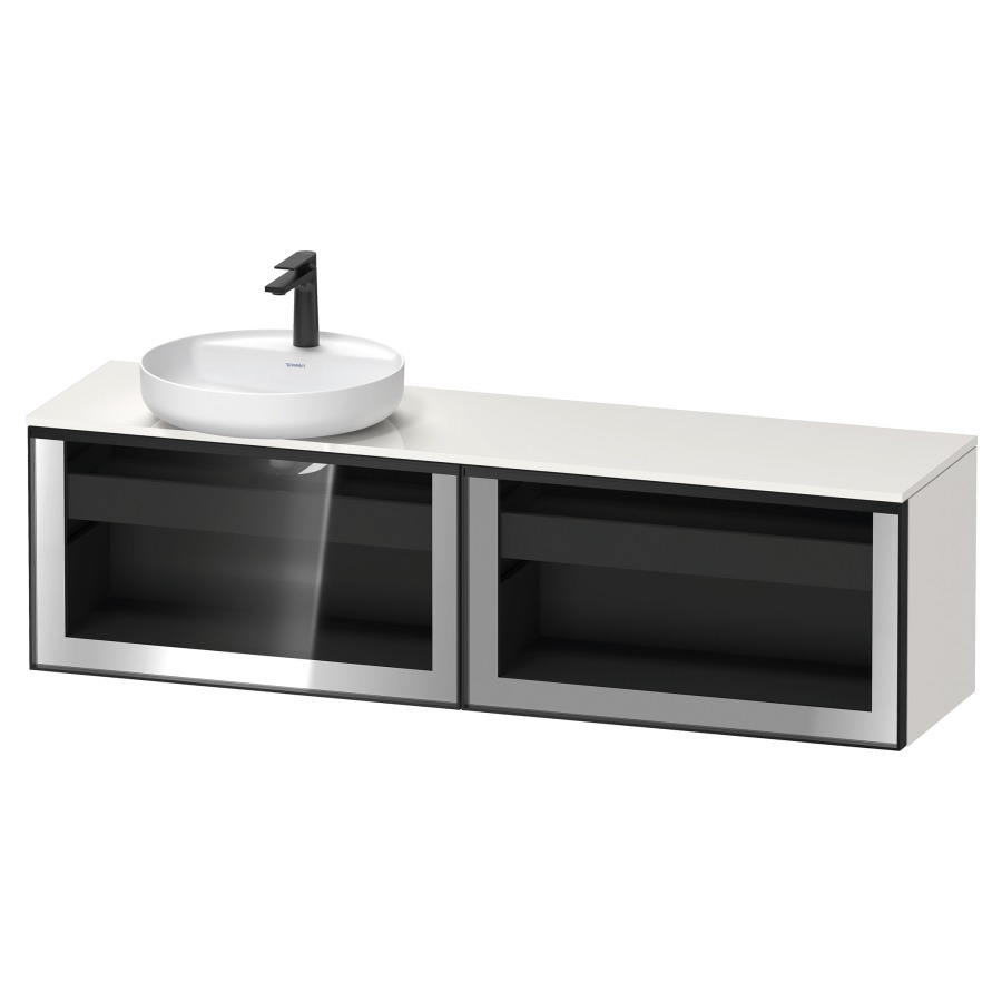 Élément inférieur  VITRIUM
160 x 45.9 x 42 cm
élément de tiroir, 1&nbsp;tiroir
1&nbsp;tiroir intérieur, avec plaque de console
pour 1 lavabo à poser à gauche
perçage de robinet possible
sans siphon gain de place
front verre parsol gris, avec éclairage intérieur
l'éclairage intérieur ne peut être commandé 
que par le miroir/l'armoire de toilette
dans la version "commande par
capteur de l'éclairage intérieur"
