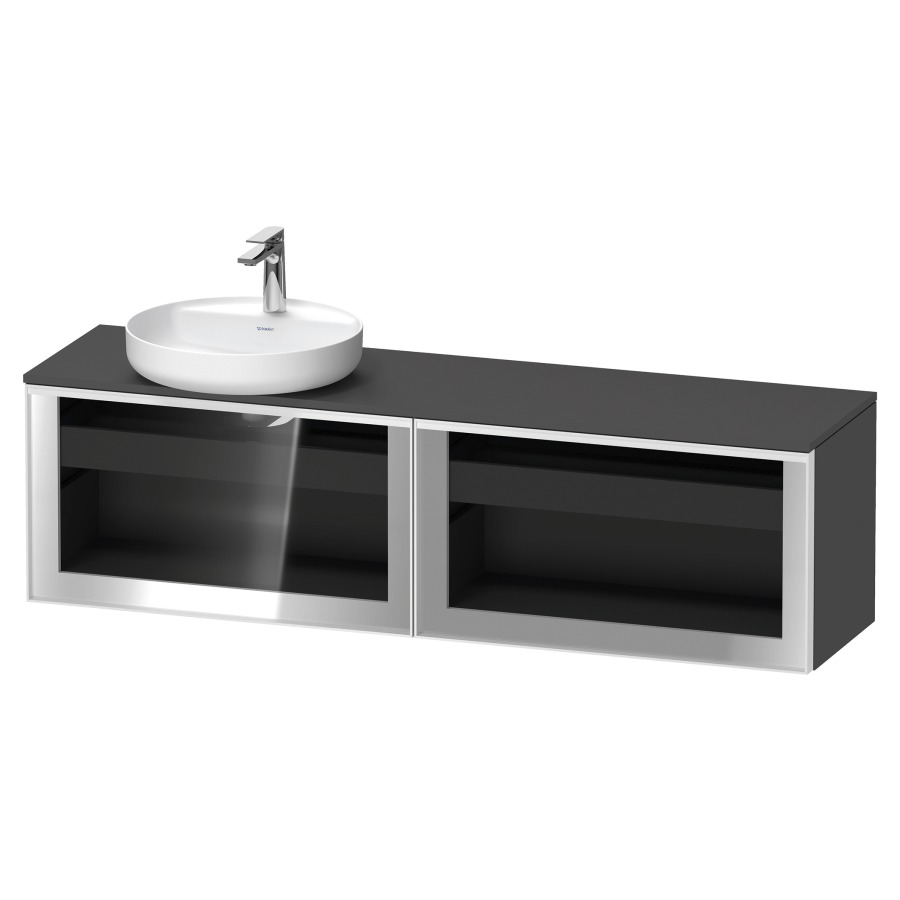 Élément inférieur  VITRIUM
160 x 45.9 x 42 cm
élément de tiroir, 1&nbsp;tiroir
1&nbsp;tiroir intérieur, avec plaque de console
pour 1 lavabo à poser à gauche
perçage de robinet possible
sans siphon gain de place
front verre parsol gris, avec éclairage intérieur
l'éclairage intérieur ne peut être commandé 
que par le miroir/l'armoire de toilette
dans la version "commande par
capteur de l'éclairage intérieur"