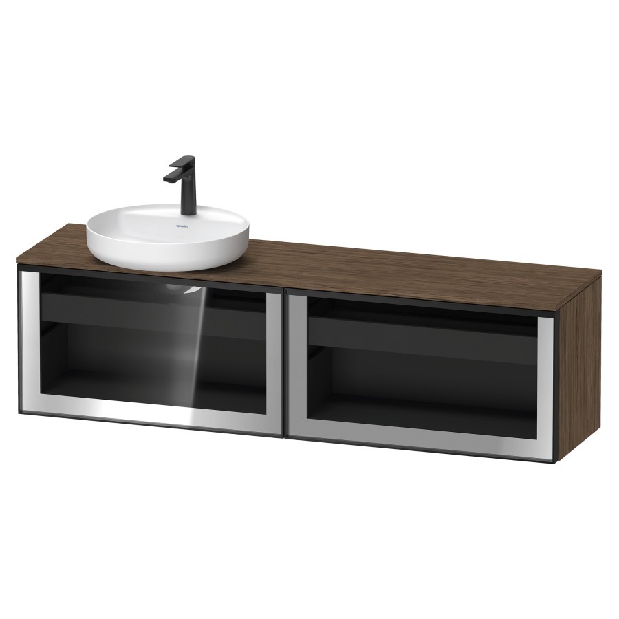 Élément inférieur  VITRIUM
160 x 45.9 x 42 cm
élément de tiroir, 1&nbsp;tiroir
1&nbsp;tiroir intérieur, avec plaque de console
pour 1 lavabo à poser à gauche
perçage de robinet possible
sans siphon gain de place
front verre parsol gris, avec éclairage intérieur
l'éclairage intérieur ne peut être commandé 
que par le miroir/l'armoire de toilette
dans la version "commande par
capteur de l'éclairage intérieur"