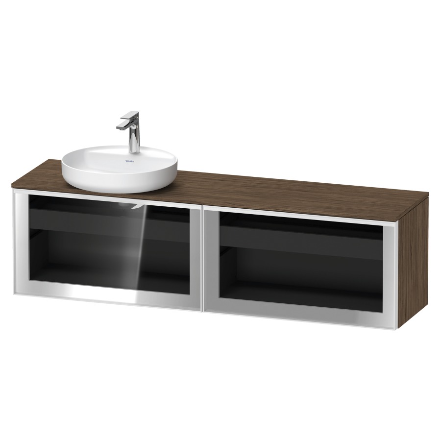 Élément inférieur  VITRIUM
160 x 45.9 x 42 cm
élément de tiroir, 1&nbsp;tiroir
1&nbsp;tiroir intérieur, avec plaque de console
pour 1 lavabo à poser à gauche
perçage de robinet possible
sans siphon gain de place
front verre parsol gris, avec éclairage intérieur
l'éclairage intérieur ne peut être commandé 
que par le miroir/l'armoire de toilette
dans la version "commande par
capteur de l'éclairage intérieur"
