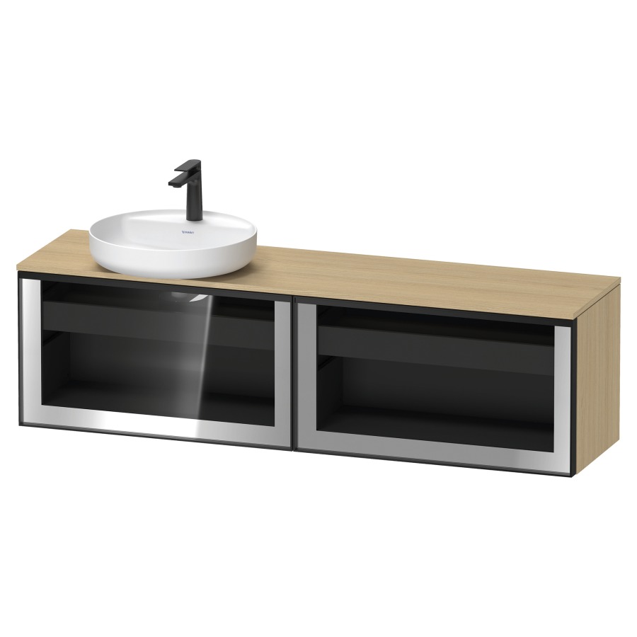 Élément inférieur  VITRIUM
160 x 45.9 x 42 cm
élément de tiroir, 1&nbsp;tiroir
1&nbsp;tiroir intérieur, avec plaque de console
pour 1 lavabo à poser à gauche
perçage de robinet possible
sans siphon gain de place
front verre parsol gris, avec éclairage intérieur
l'éclairage intérieur ne peut être commandé 
que par le miroir/l'armoire de toilette
dans la version "commande par
capteur de l'éclairage intérieur"