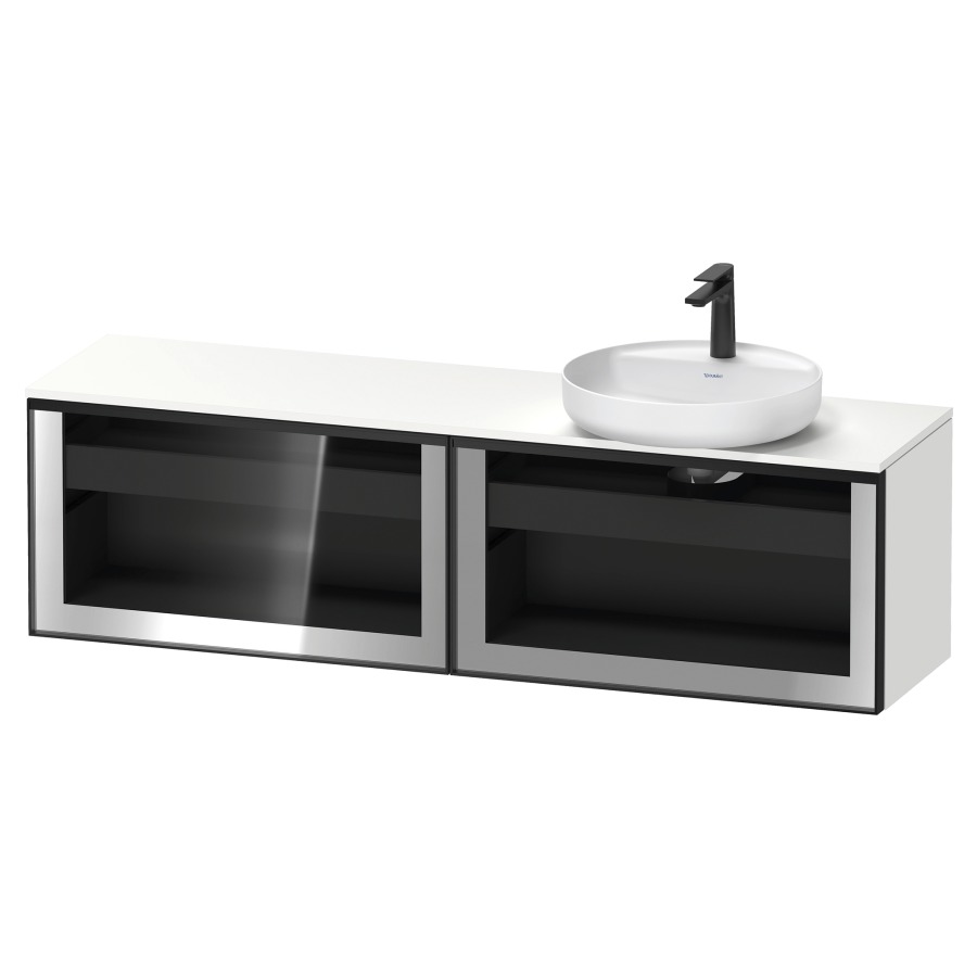 Élément inférieur  VITRIUM
160 x 45.9 x 42 cm
élément de tiroir, 1&nbsp;tiroir
1&nbsp;tiroir intérieur, avec plaque de console
pour 1 lavabo à poser à droite, perçage 
de robinet possible, sans siphon gain de place
front verre parsol gris