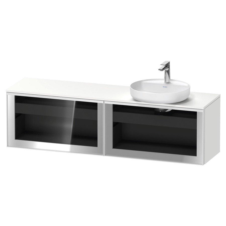 Élément inférieur  VITRIUM
160 x 45.9 x 42 cm
élément de tiroir, 1&nbsp;tiroir
1&nbsp;tiroir intérieur, avec plaque de console
pour 1 lavabo à poser à droite, perçage 
de robinet possible, sans siphon gain de place
front verre parsol gris