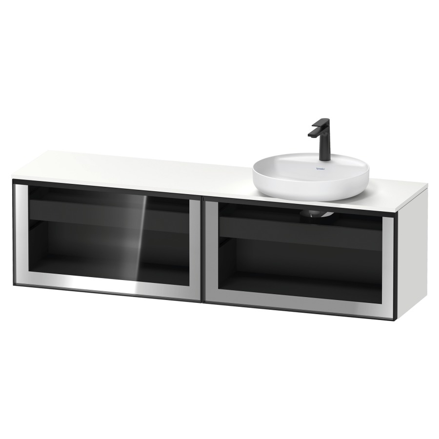 Élément inférieur  VITRIUM
160 x 45.9 x 42 cm
élément de tiroir, 1&nbsp;tiroir
1&nbsp;tiroir intérieur, avec plaque de console
pour 1 lavabo à poser à droite
perçage de robinet possible
sans siphon gain de place
front verre parsol gris, avec éclairage intérieur
l'éclairage intérieur ne peut être commandé 
que par le miroir/l'armoire de toilette
dans la version "commande par
capteur de l'éclairage intérieur"