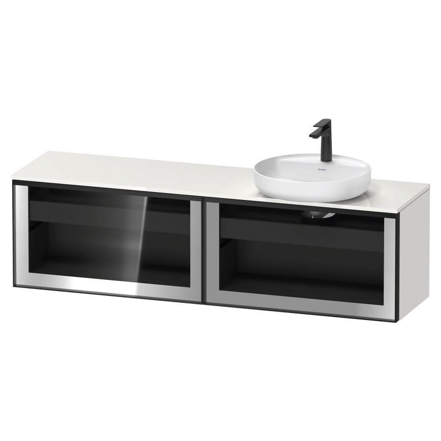 Élément inférieur  VITRIUM
160 x 45.9 x 42 cm
élément de tiroir, 1&nbsp;tiroir
1&nbsp;tiroir intérieur, avec plaque de console
pour 1 lavabo à poser à droite
perçage de robinet possible
sans siphon gain de place
front verre parsol gris, avec éclairage intérieur
l'éclairage intérieur ne peut être commandé 
que par le miroir/l'armoire de toilette
dans la version "commande par
capteur de l'éclairage intérieur"