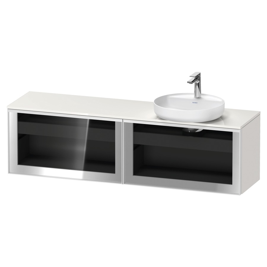 Élément inférieur  VITRIUM
160 x 45.9 x 42 cm
élément de tiroir, 1&nbsp;tiroir
1&nbsp;tiroir intérieur, avec plaque de console
pour 1 lavabo à poser à droite
perçage de robinet possible
sans siphon gain de place
front verre parsol gris, avec éclairage intérieur
l'éclairage intérieur ne peut être commandé 
que par le miroir/l'armoire de toilette
dans la version "commande par
capteur de l'éclairage intérieur"