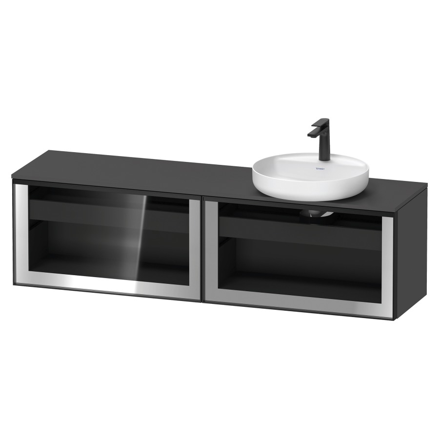 Élément inférieur  VITRIUM
160 x 45.9 x 42 cm
élément de tiroir, 1&nbsp;tiroir
1&nbsp;tiroir intérieur, avec plaque de console
pour 1 lavabo à poser à droite
perçage de robinet possible
sans siphon gain de place
front verre parsol gris, avec éclairage intérieur
l'éclairage intérieur ne peut être commandé 
que par le miroir/l'armoire de toilette
dans la version "commande par
capteur de l'éclairage intérieur"