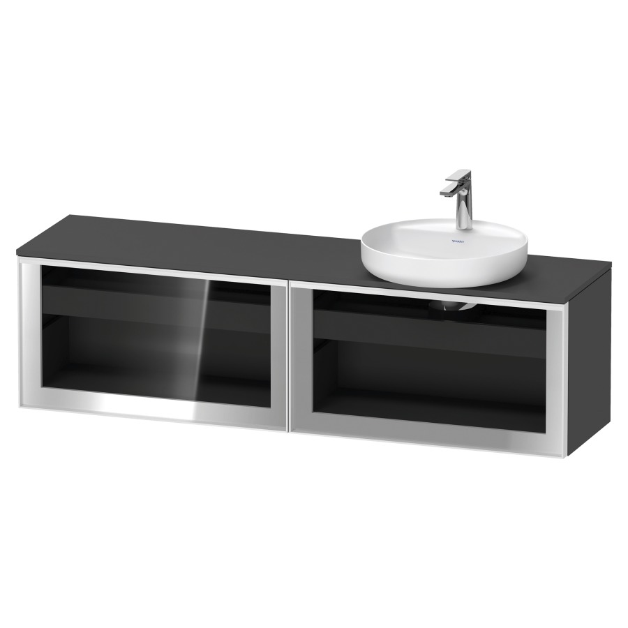 Élément inférieur  VITRIUM
160 x 45.9 x 42 cm
élément de tiroir, 1&nbsp;tiroir
1&nbsp;tiroir intérieur, avec plaque de console
pour 1 lavabo à poser à droite
perçage de robinet possible
sans siphon gain de place
front verre parsol gris, avec éclairage intérieur
l'éclairage intérieur ne peut être commandé 
que par le miroir/l'armoire de toilette
dans la version "commande par
capteur de l'éclairage intérieur"