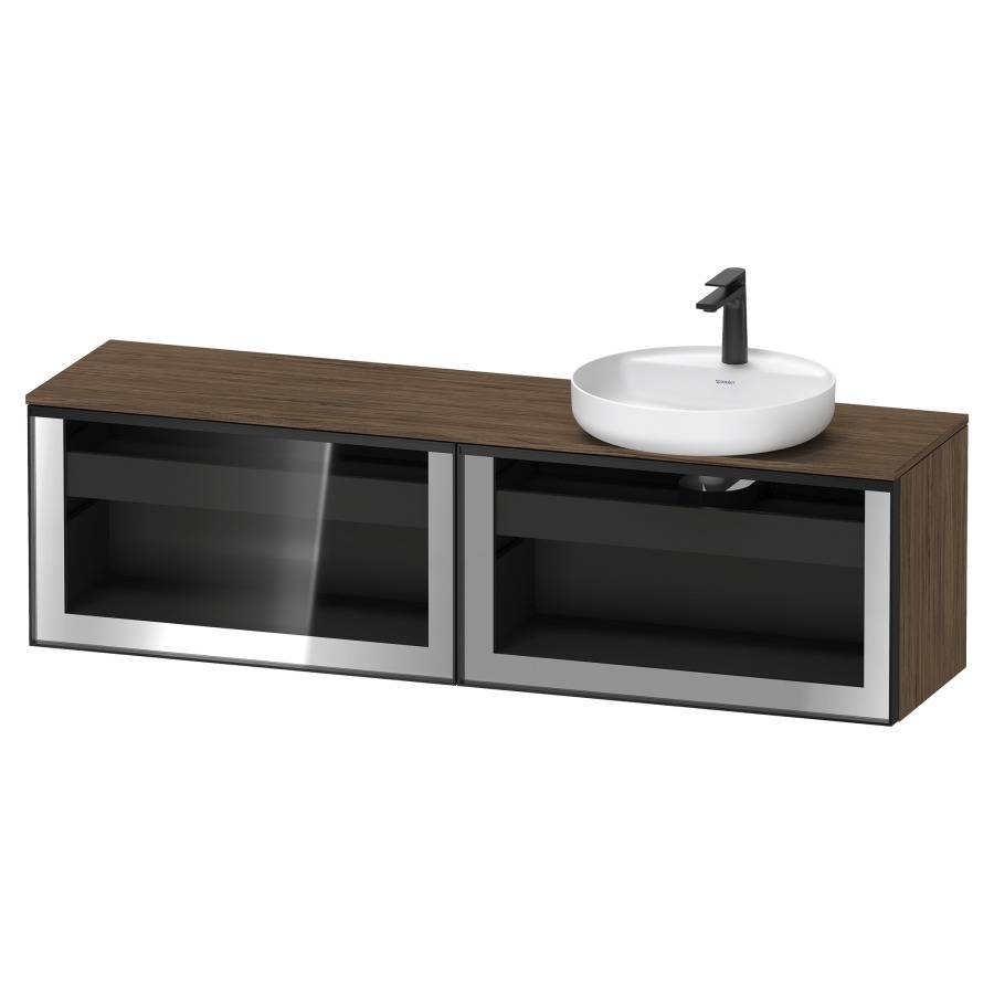 Élément inférieur  VITRIUM
160 x 45.9 x 42 cm
élément de tiroir, 1&nbsp;tiroir
1&nbsp;tiroir intérieur, avec plaque de console
pour 1 lavabo à poser à droite
perçage de robinet possible
sans siphon gain de place
front verre parsol gris, avec éclairage intérieur
l'éclairage intérieur ne peut être commandé 
que par le miroir/l'armoire de toilette
dans la version "commande par
capteur de l'éclairage intérieur"