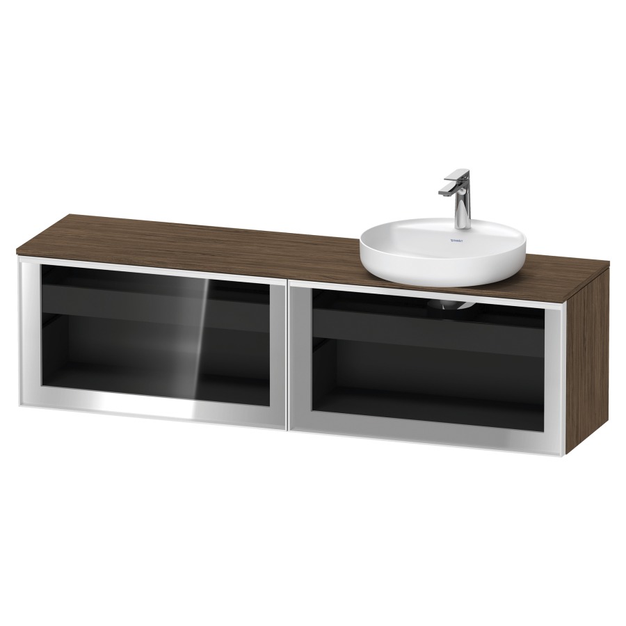 Élément inférieur  VITRIUM
160 x 45.9 x 42 cm
élément de tiroir, 1&nbsp;tiroir
1&nbsp;tiroir intérieur, avec plaque de console
pour 1 lavabo à poser à droite
perçage de robinet possible
sans siphon gain de place
front verre parsol gris, avec éclairage intérieur
l'éclairage intérieur ne peut être commandé 
que par le miroir/l'armoire de toilette
dans la version "commande par
capteur de l'éclairage intérieur"