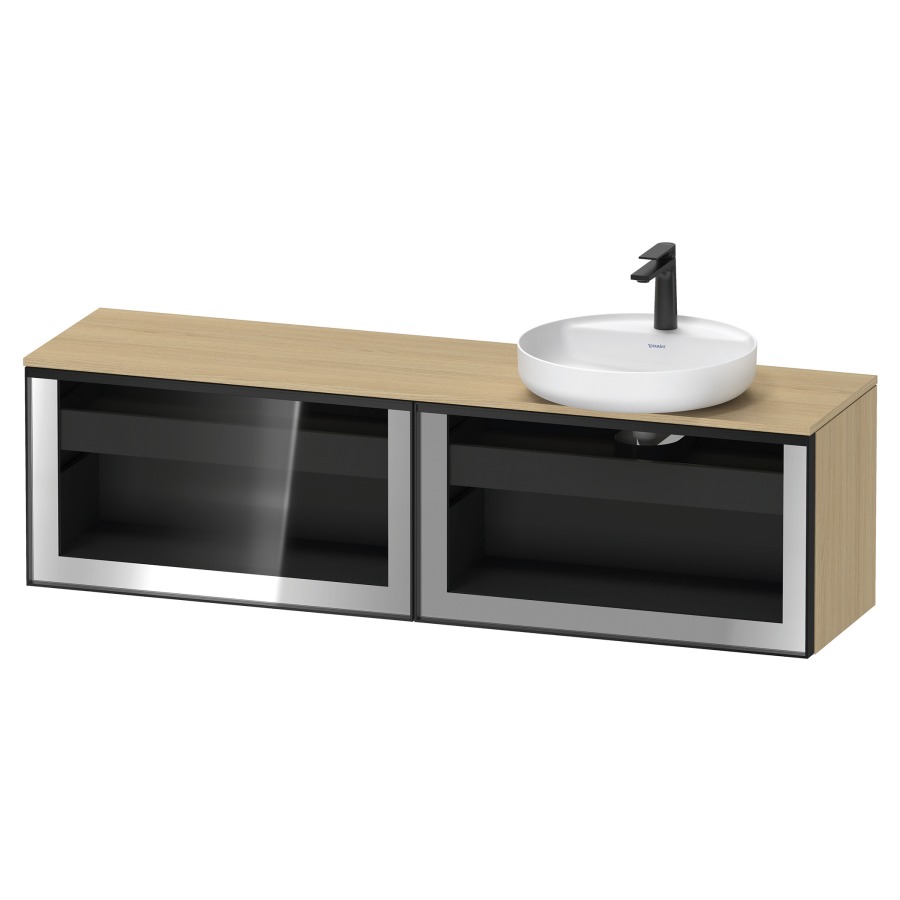 Élément inférieur  VITRIUM
160 x 45.9 x 42 cm
élément de tiroir, 1&nbsp;tiroir
1&nbsp;tiroir intérieur, avec plaque de console
pour 1 lavabo à poser à droite
perçage de robinet possible
sans siphon gain de place
front verre parsol gris, avec éclairage intérieur
l'éclairage intérieur ne peut être commandé 
que par le miroir/l'armoire de toilette
dans la version "commande par
capteur de l'éclairage intérieur"