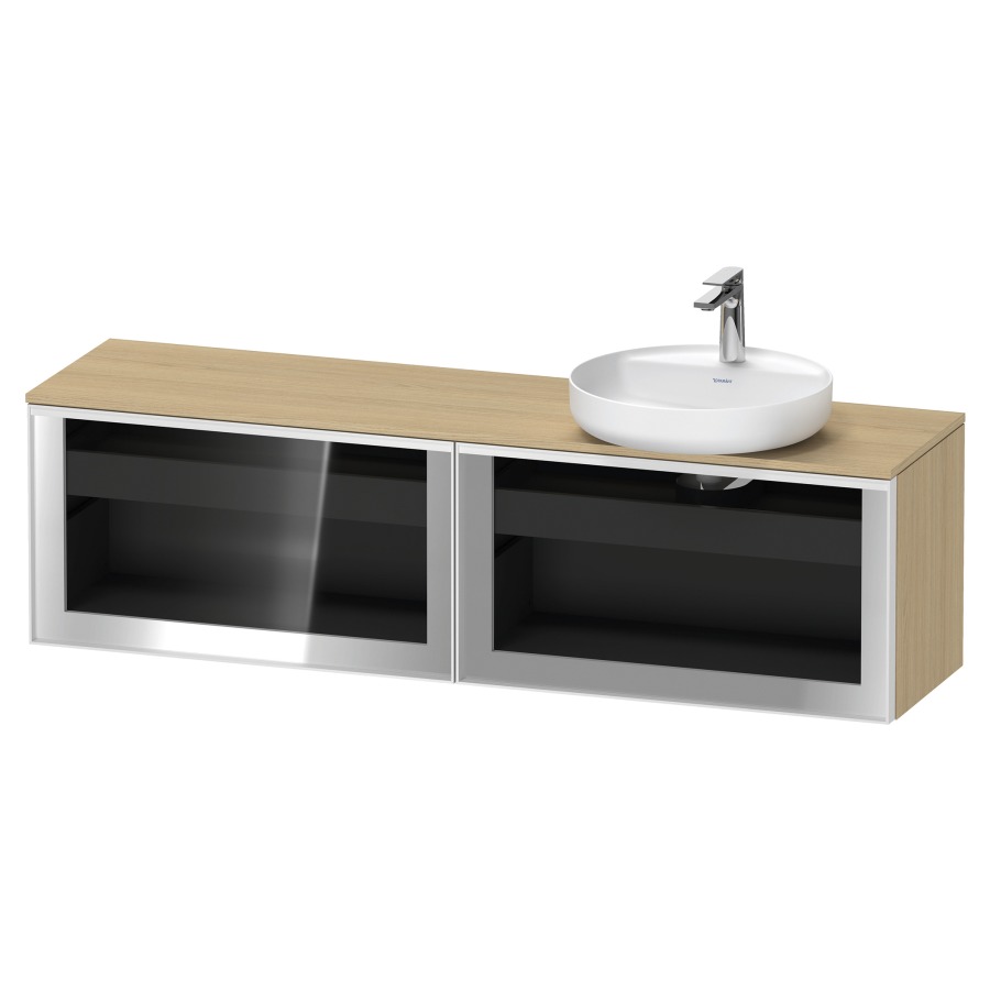 Élément inférieur  VITRIUM
160 x 45.9 x 42 cm
élément de tiroir, 1&nbsp;tiroir
1&nbsp;tiroir intérieur, avec plaque de console
pour 1 lavabo à poser à droite
perçage de robinet possible
sans siphon gain de place
front verre parsol gris, avec éclairage intérieur
l'éclairage intérieur ne peut être commandé 
que par le miroir/l'armoire de toilette
dans la version "commande par
capteur de l'éclairage intérieur"