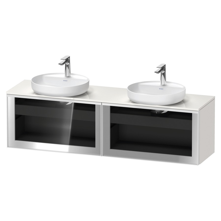 Élément inférieur  VITRIUM
160 x 45.9 x 42 cm
élément de tiroir, 1&nbsp;tiroir
1&nbsp;tiroir intérieur, avec plaque de console
pour 2 lavabos à poser, perçage de
robinet possible, sans siphon gain de place
front verre parsol gris