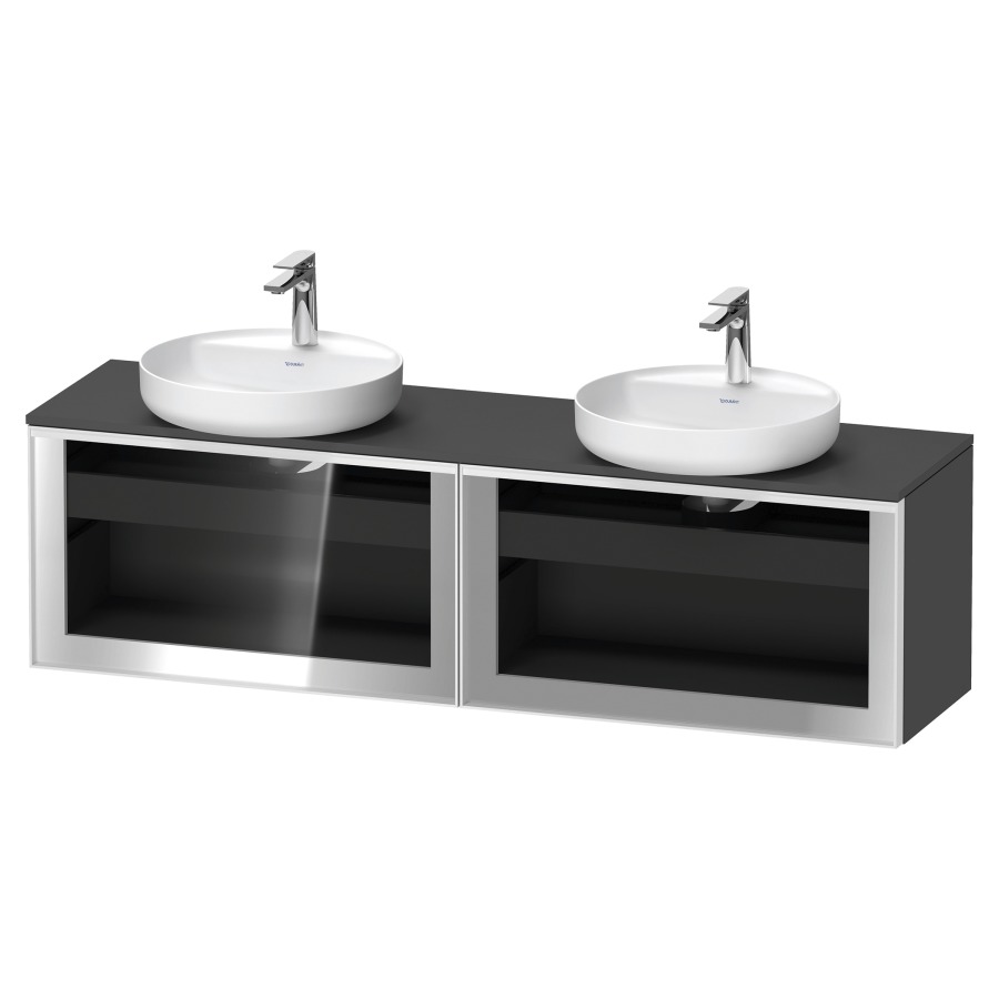 Élément inférieur  VITRIUM
160 x 45.9 x 42 cm
élément de tiroir, 1&nbsp;tiroir
1&nbsp;tiroir intérieur, avec plaque de console
pour 2 lavabos à poser, perçage de
robinet possible, sans siphon gain de place
front verre parsol gris