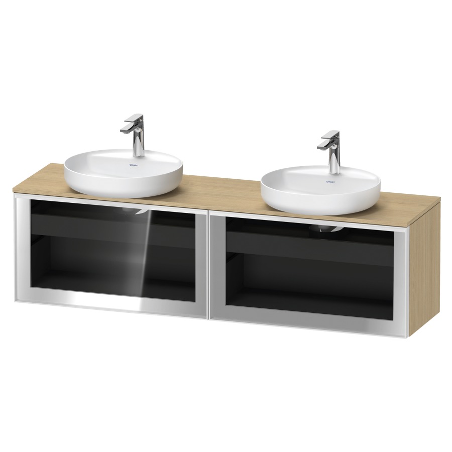 Élément inférieur  VITRIUM
160 x 45.9 x 42 cm
élément de tiroir, 1&nbsp;tiroir
1&nbsp;tiroir intérieur, avec plaque de console
pour 2 lavabos à poser, perçage de
robinet possible, sans siphon gain de place
front verre parsol gris