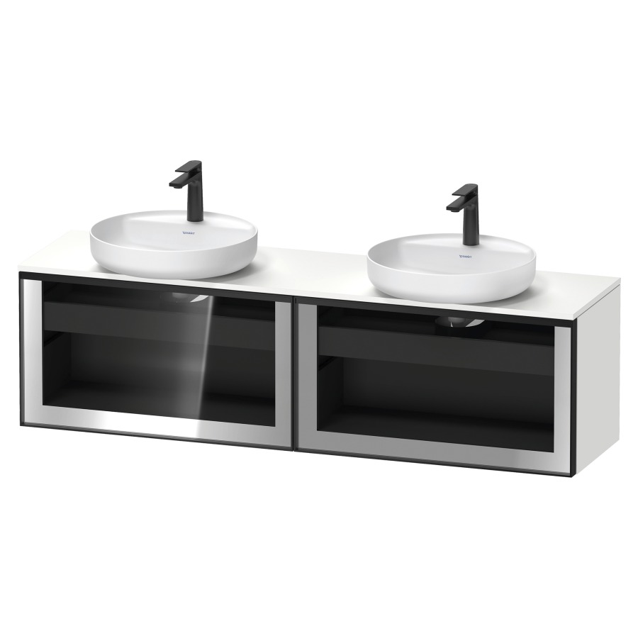Élément inférieur  VITRIUM
160 x 45.9 x 42 cm
élément de tiroir, 1&nbsp;tiroir
1&nbsp;tiroir intérieur, avec plaque de console
pour 2 lavabos à poser
perçage de robinet possible
sans siphon gain de place
front verre parsol gris, avec éclairage intérieur
l'éclairage intérieur ne peut être commandé 
que par le miroir/l'armoire de toilette
dans la version "commande par
capteur de l'éclairage intérieur"