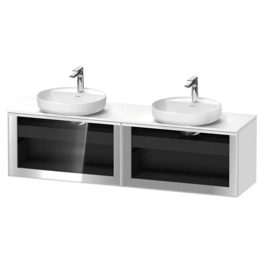 Élément inférieur  VITRIUM
160 x 45.9 x 42 cm
élément de tiroir, 1&nbsp;tiroir
1&nbsp;tiroir intérieur, avec plaque de console
pour 2 lavabos à poser
perçage de robinet possible
sans siphon gain de place
front verre parsol gris, avec éclairage intérieur
l'éclairage intérieur ne peut être commandé 
que par le miroir/l'armoire de toilette
dans la version "commande par
capteur de l'éclairage intérieur"