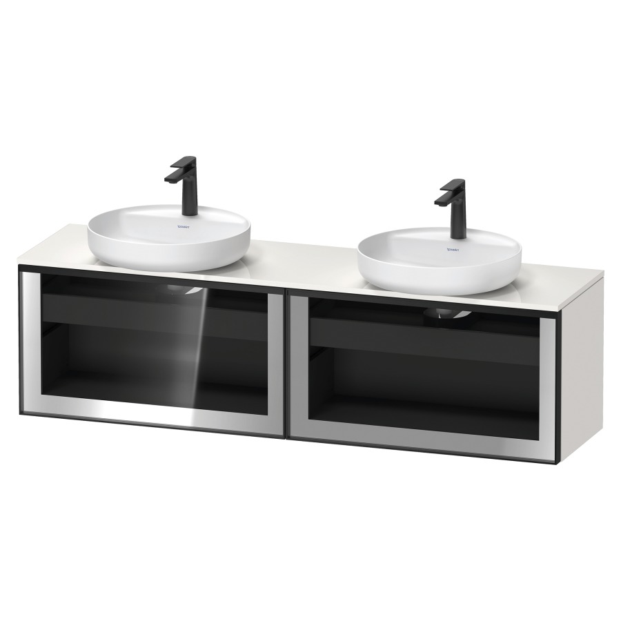 Élément inférieur  VITRIUM
160 x 45.9 x 42 cm
élément de tiroir, 1&nbsp;tiroir
1&nbsp;tiroir intérieur, avec plaque de console
pour 2 lavabos à poser
perçage de robinet possible
sans siphon gain de place
front verre parsol gris, avec éclairage intérieur
l'éclairage intérieur ne peut être commandé 
que par le miroir/l'armoire de toilette
dans la version "commande par
capteur de l'éclairage intérieur"