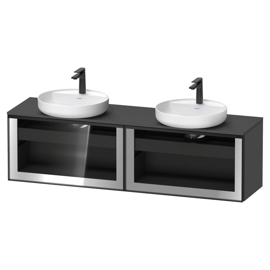Élément inférieur  VITRIUM
160 x 45.9 x 42 cm
élément de tiroir, 1&nbsp;tiroir
1&nbsp;tiroir intérieur, avec plaque de console
pour 2 lavabos à poser
perçage de robinet possible
sans siphon gain de place
front verre parsol gris, avec éclairage intérieur
l'éclairage intérieur ne peut être commandé 
que par le miroir/l'armoire de toilette
dans la version "commande par
capteur de l'éclairage intérieur"