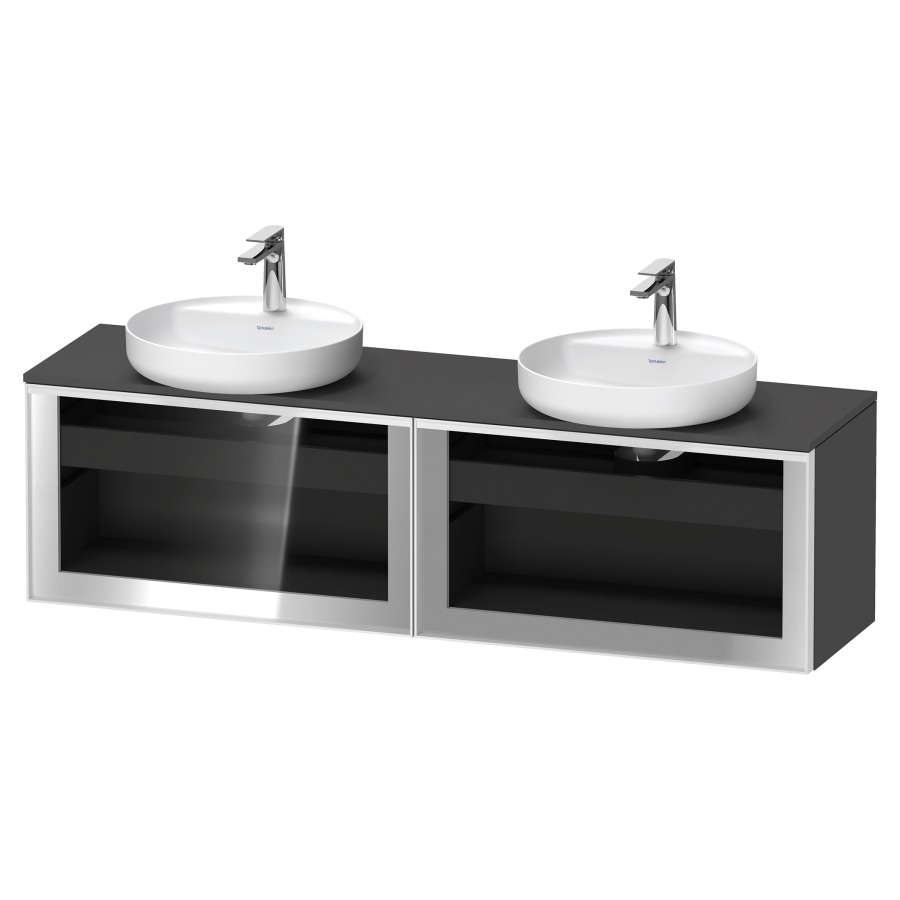 Élément inférieur  VITRIUM
160 x 45.9 x 42 cm
élément de tiroir, 1&nbsp;tiroir
1&nbsp;tiroir intérieur, avec plaque de console
pour 2 lavabos à poser
perçage de robinet possible
sans siphon gain de place
front verre parsol gris, avec éclairage intérieur
l'éclairage intérieur ne peut être commandé 
que par le miroir/l'armoire de toilette
dans la version "commande par
capteur de l'éclairage intérieur"