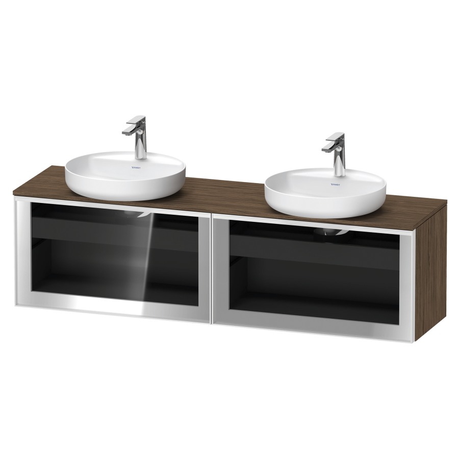 Élément inférieur  VITRIUM
160 x 45.9 x 42 cm
élément de tiroir, 1&nbsp;tiroir
1&nbsp;tiroir intérieur, avec plaque de console
pour 2 lavabos à poser
perçage de robinet possible
sans siphon gain de place
front verre parsol gris, avec éclairage intérieur
l'éclairage intérieur ne peut être commandé 
que par le miroir/l'armoire de toilette
dans la version "commande par
capteur de l'éclairage intérieur"