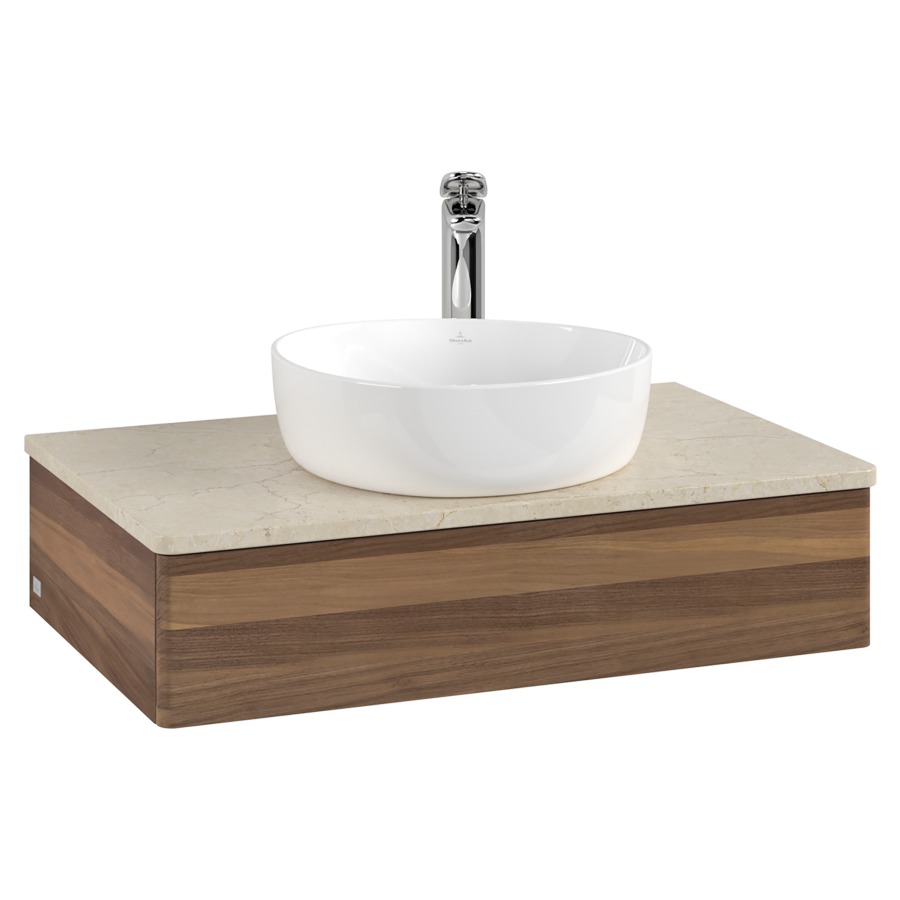 Élément inférieur  Antao
80 x 19 x 50 cm
élément de tiroir, 1&nbsp;tiroir
avec siphon gain de place
avec matériel de fixation
pour 1 lavabo à poser 101037/101039/234171
recouvrement Botticino, 1 trou pour robinet