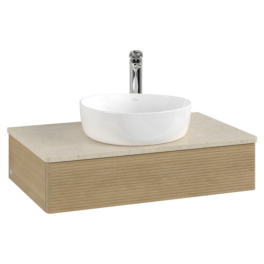 Élément inférieur  Antao
80 x 19 x 50 cm
élément de tiroir, 1&nbsp;tiroir
avec siphon gain de place
avec matériel de fixation
pour 1 lavabo à poser 101037/101039/234171
recouvrement Botticino, 1 trou pour robinet