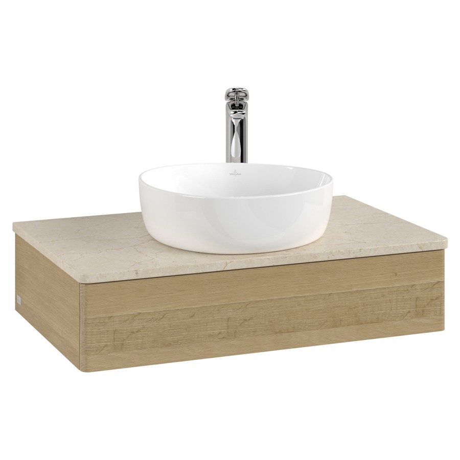 Élément inférieur  Antao
80 x 19 x 50 cm
élément de tiroir, 1&nbsp;tiroir
avec siphon gain de place
avec matériel de fixation
pour 1 lavabo à poser 101037/101039/234171
recouvrement Botticino, 1 trou pour robinet