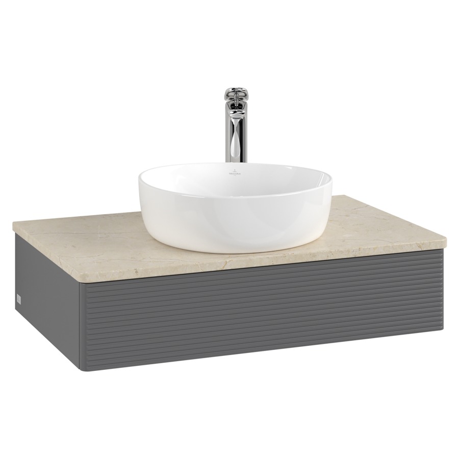 Élément inférieur  Antao
80 x 19 x 50 cm
élément de tiroir, 1&nbsp;tiroir
avec siphon gain de place
avec matériel de fixation
pour 1 lavabo à poser 101037/101039/234171
recouvrement Botticino, 1 trou pour robinet