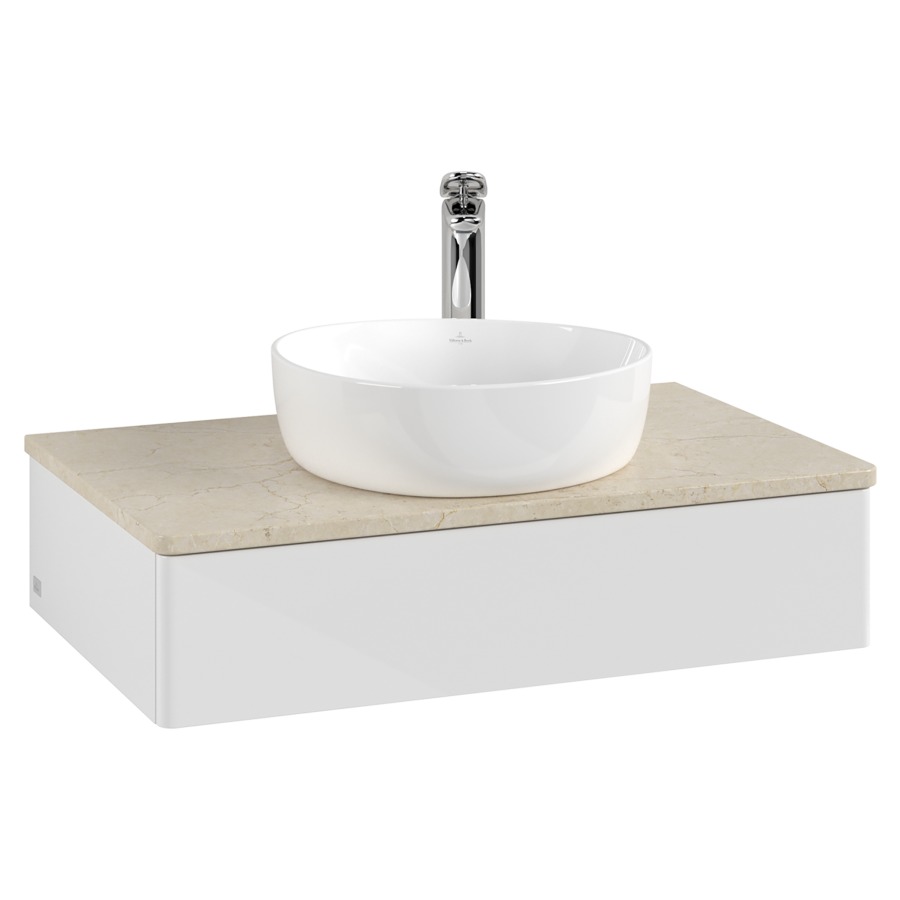Élément inférieur  Antao
80 x 19 x 50 cm
élément de tiroir, 1&nbsp;tiroir
avec siphon gain de place
avec matériel de fixation
pour 1 lavabo à poser 101037/101039/234171
recouvrement Botticino, 1 trou pour robinet