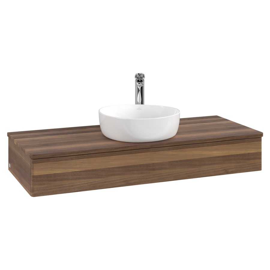 Élément inférieur  Antao
120 x 19 x 50 cm
élément de tiroir, 1&nbsp;tiroir
avec siphon gain de place
avec matériel de fixation
pour 1 lavabo à poser 101037/101039/234171
recouvrement Warm Walnut, 1 trou pour robinet