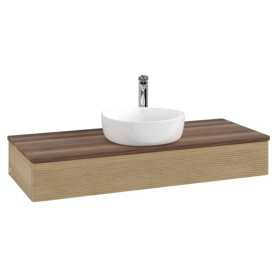Élément inférieur  Antao
120 x 19 x 50 cm
élément de tiroir, 1&nbsp;tiroir
avec siphon gain de place
avec matériel de fixation
pour 1 lavabo à poser 101037/101039/234171
recouvrement Warm Walnut, 1 trou pour robinet