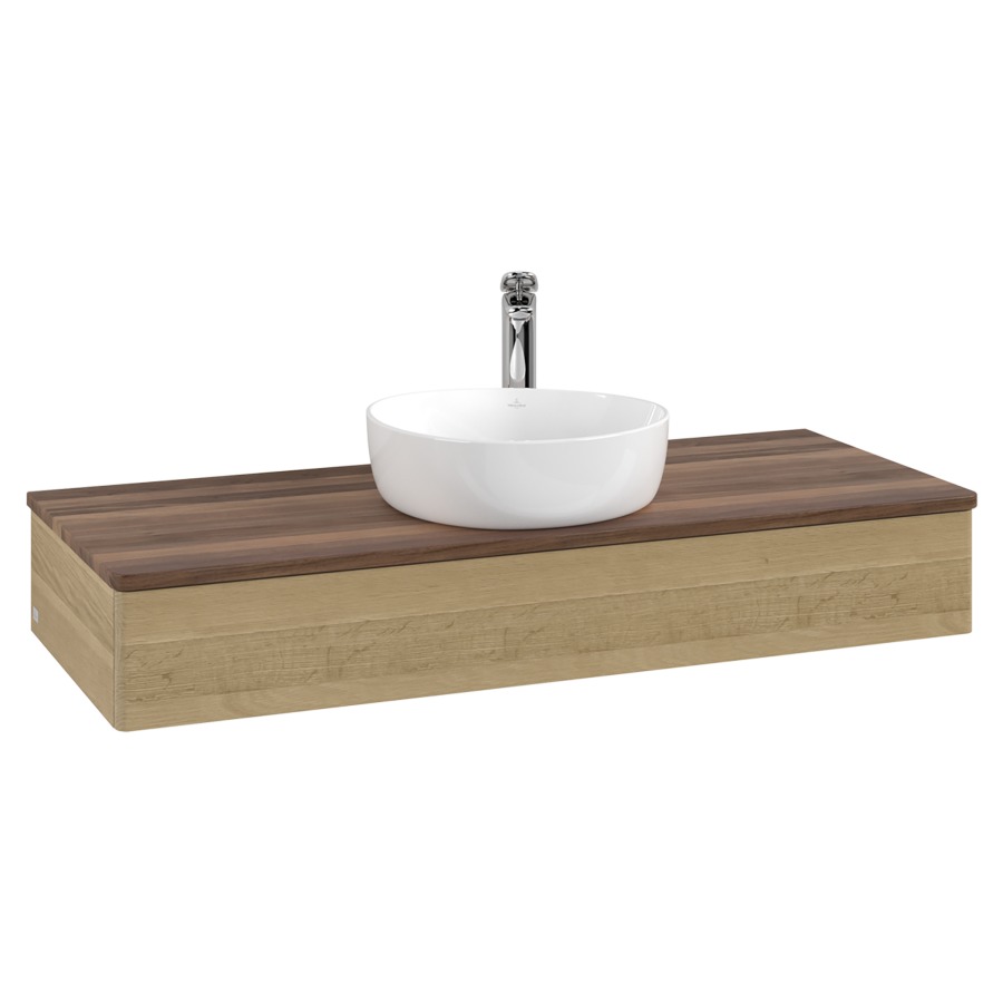 Élément inférieur  Antao
120 x 19 x 50 cm
élément de tiroir, 1&nbsp;tiroir
avec siphon gain de place
avec matériel de fixation
pour 1 lavabo à poser 101037/101039/234171
recouvrement Warm Walnut, 1 trou pour robinet