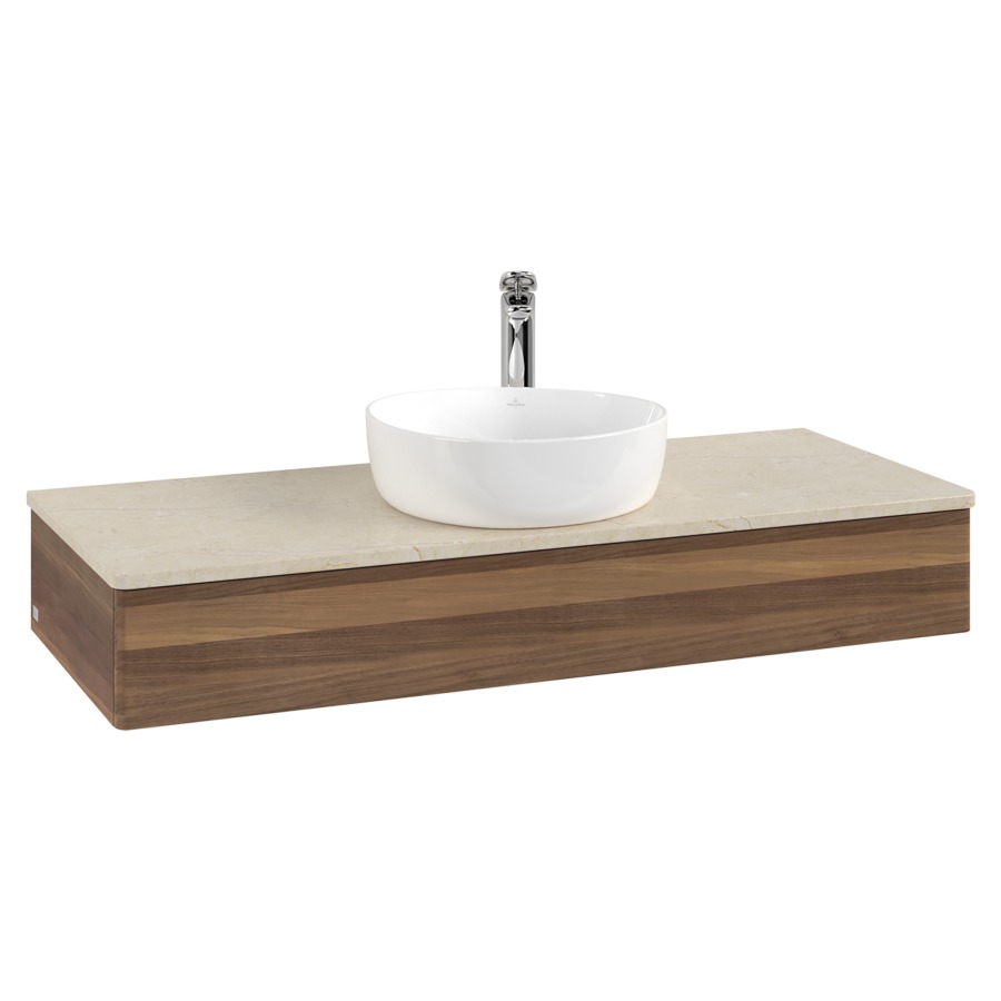 Élément inférieur  Antao
120 x 19 x 50 cm
élément de tiroir, 1&nbsp;tiroir
avec siphon gain de place
avec matériel de fixation
pour 1 lavabo à poser 101037/101039/234171
recouvrement Botticino, 1 trou pour robinet
