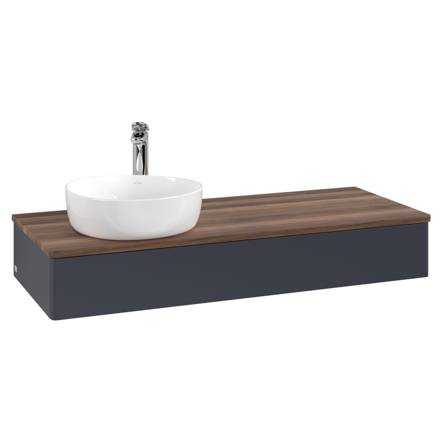 Élément inférieur  Antao
120 x 19 x 50 cm
élément de tiroir, 1&nbsp;tiroir
lavabo à gauche
avec siphon gain de place
avec matériel de fixation
pour 1 lavabo à poser 101037/101038/234171
recouvrement Warm Walnut, 1 trou pour robinet