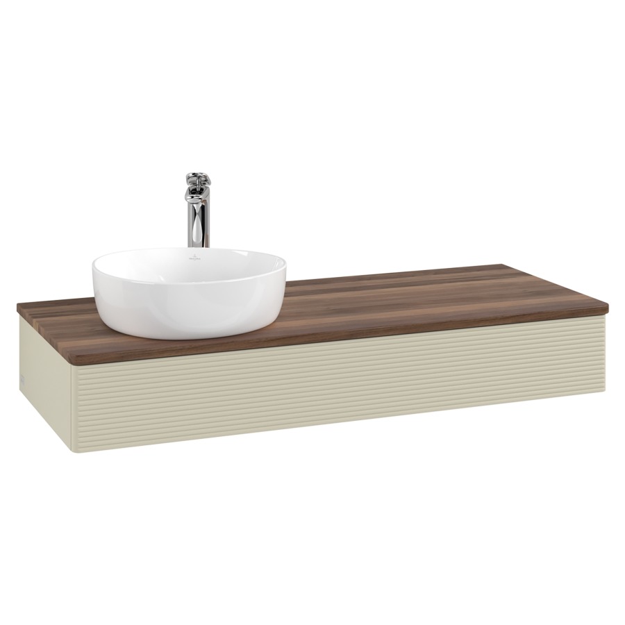 Élément inférieur  Antao
120 x 19 x 50 cm
élément de tiroir, 1&nbsp;tiroir
lavabo à gauche
avec siphon gain de place
avec matériel de fixation
pour 1 lavabo à poser 101037/101038/234171
recouvrement Warm Walnut, 1 trou pour robinet